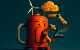 Industrial robot with wind turbine and touchscreen