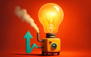 Glowing light bulb machine arrow steam