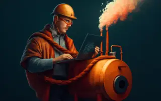 Engineer with laptop and steam engine