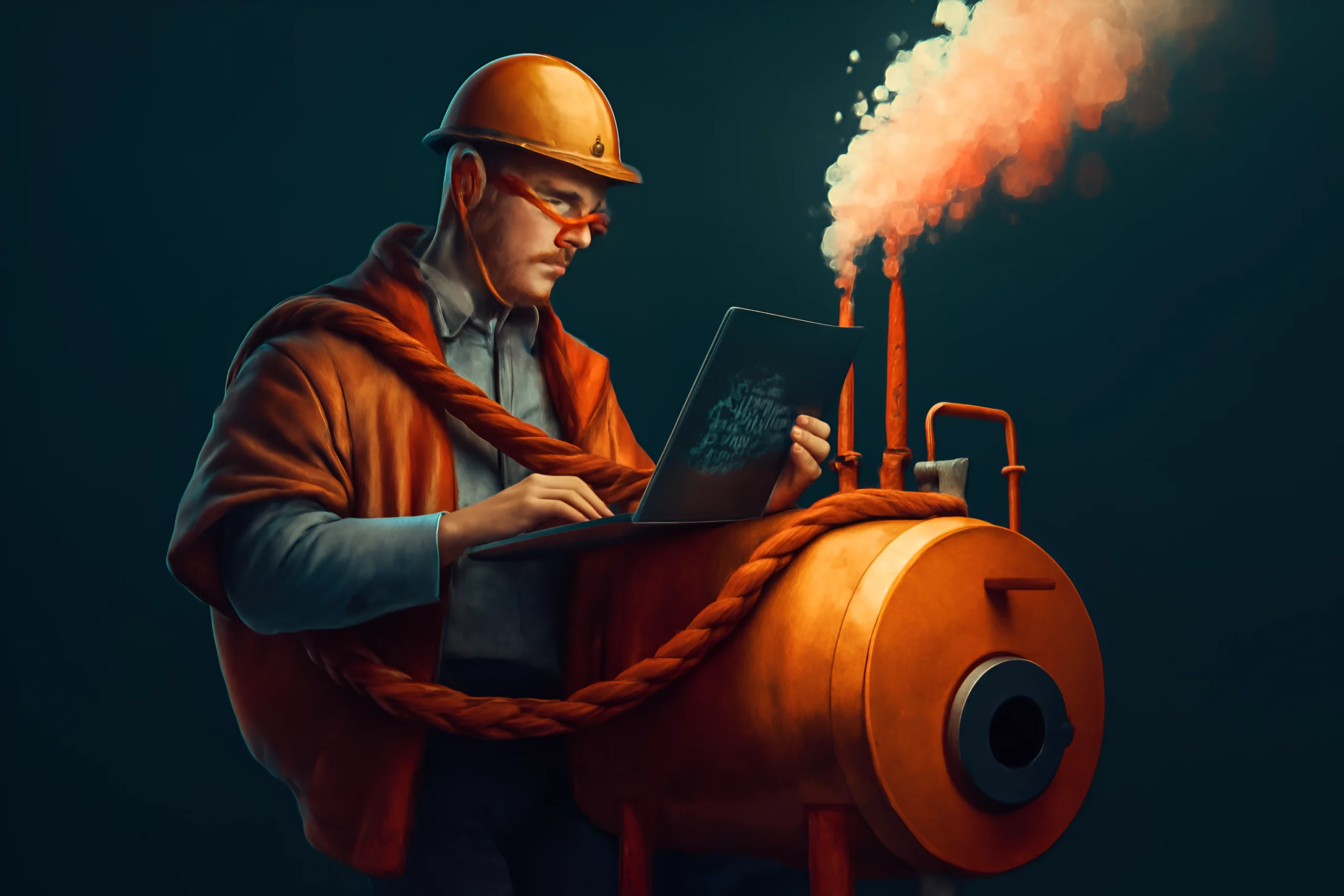 Industrial Steam Engineer Engineer with laptop and steam engine