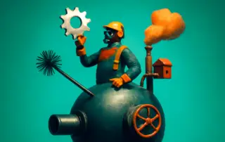 Steampunk worker holding gear machine
