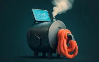 Black steam engine with orange pipes