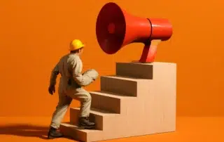 Worker climbing stairs to megaphone