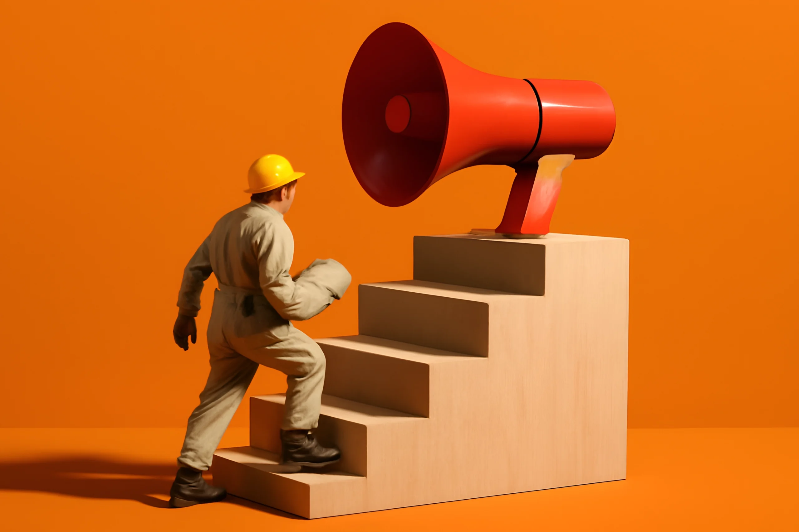 Worker Climbing Megaphone Worker climbing stairs to megaphone