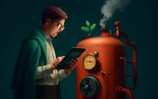 Man checking steam machine with tablet