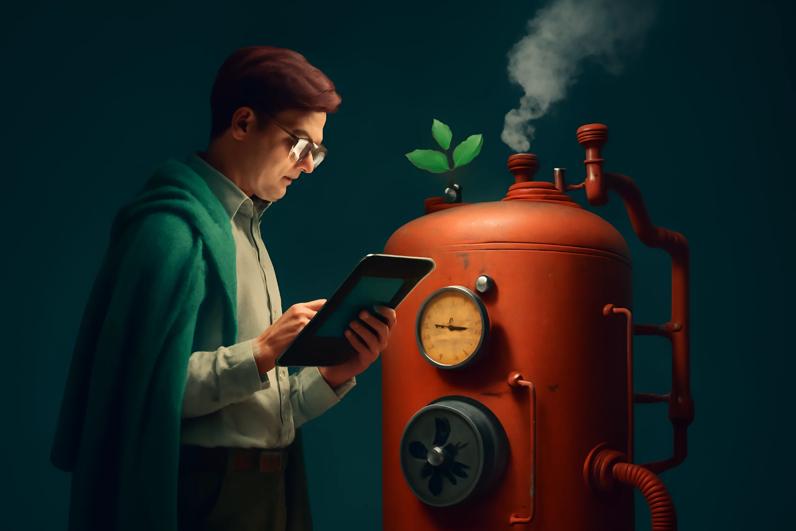 Industrial Machine Monitoring Man checking steam machine with tablet
