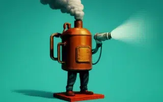 Copper steampunk machine releasing steam mist