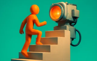 Orange figure stairs camera lens