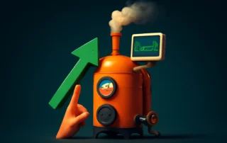 Steam engine with growth arrow and graph