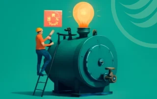 Worker operating machine with light bulb