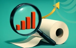 Rising bar chart with magnifying glass