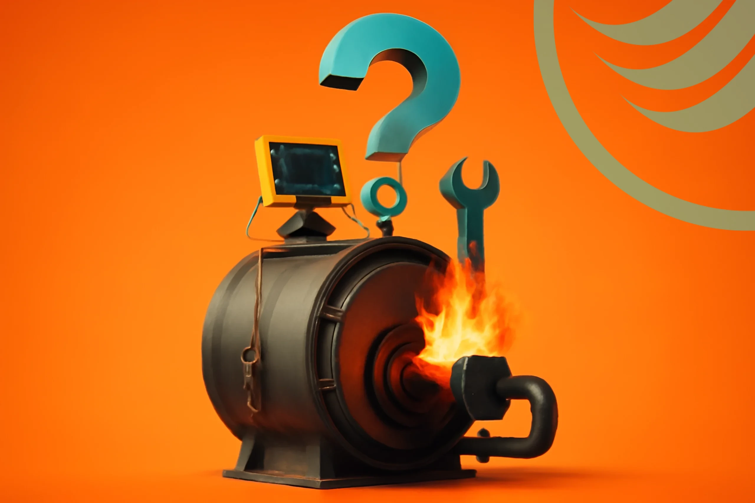 Industrial Fire Safety Industrial fire machine with tools and question mark