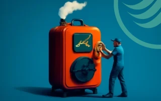 Man adjusting big orange stove emitting smoke