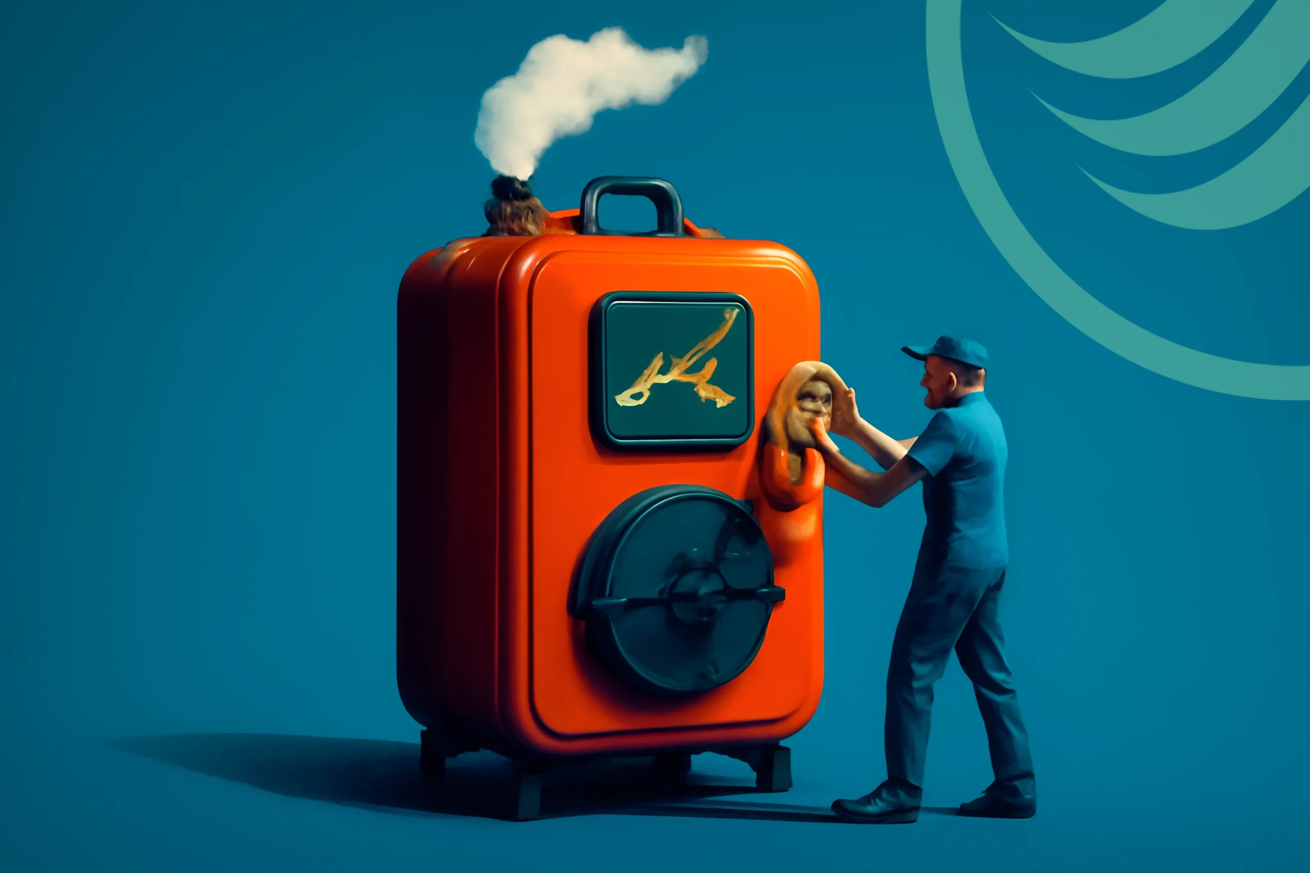Large Orange Stove Man adjusting big orange stove emitting smoke